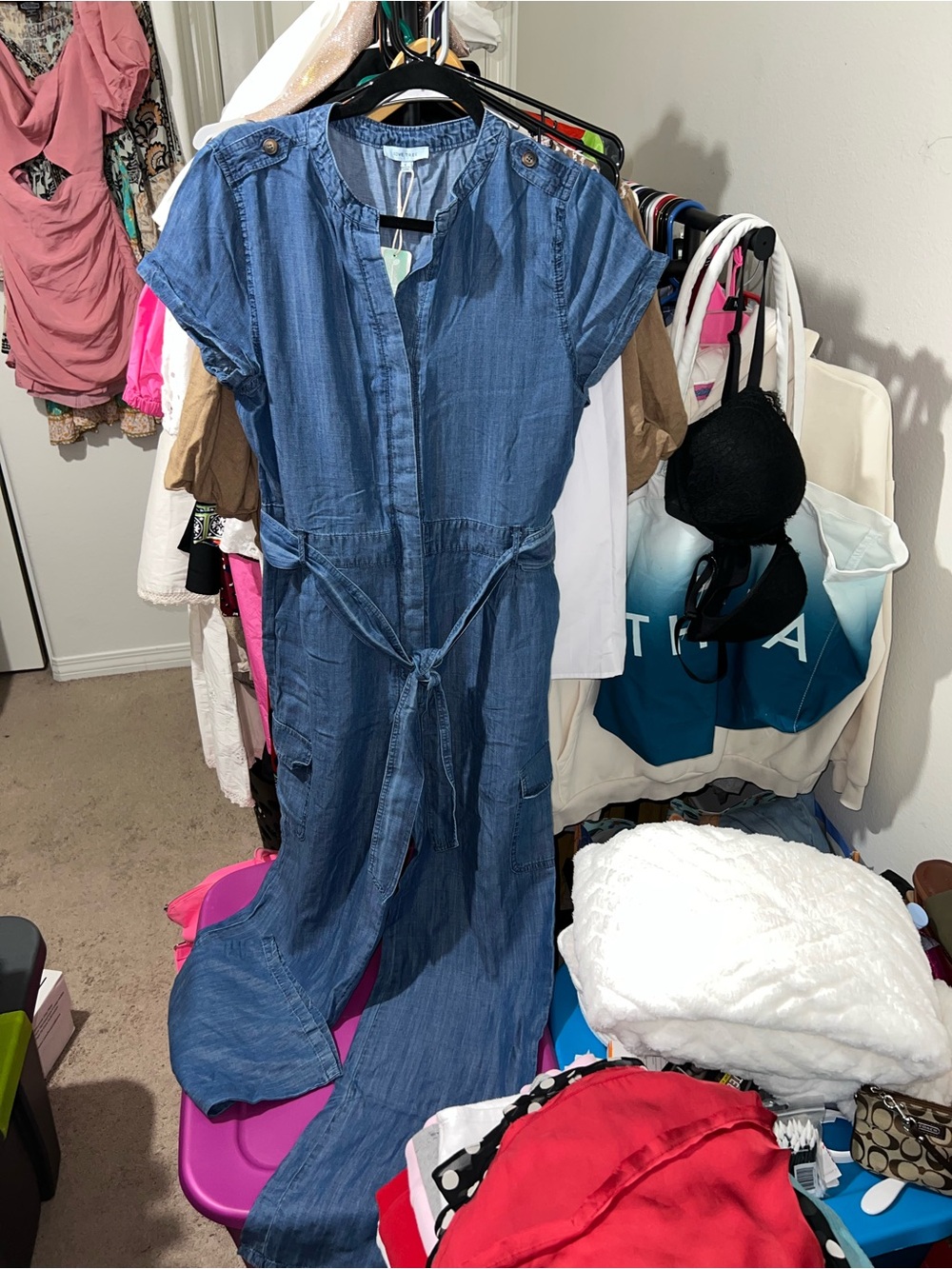 Love Tree Denim Like  Blue One-Piece Jumpsuit with Tie Waist